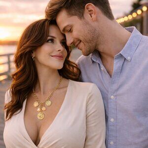 Roman coin trio on paperclip chain with crystal briolette